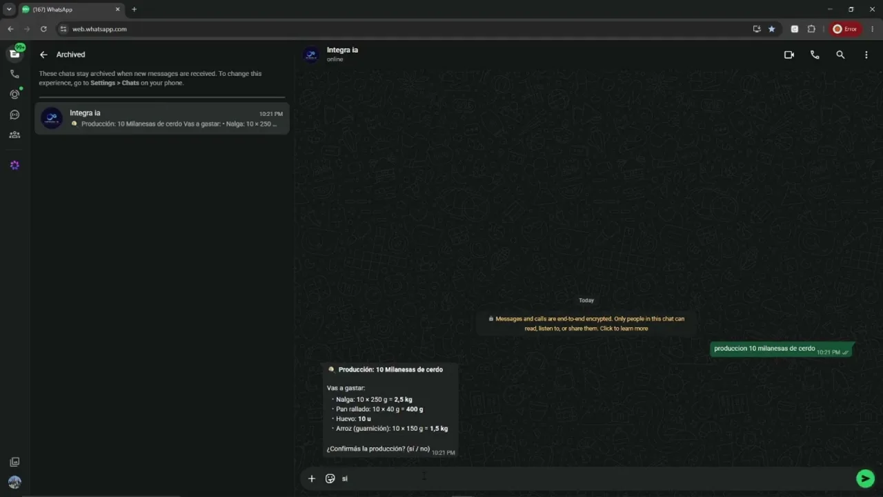 Primer cuadro del video: el agente genera la orden de producción por WhatsApp